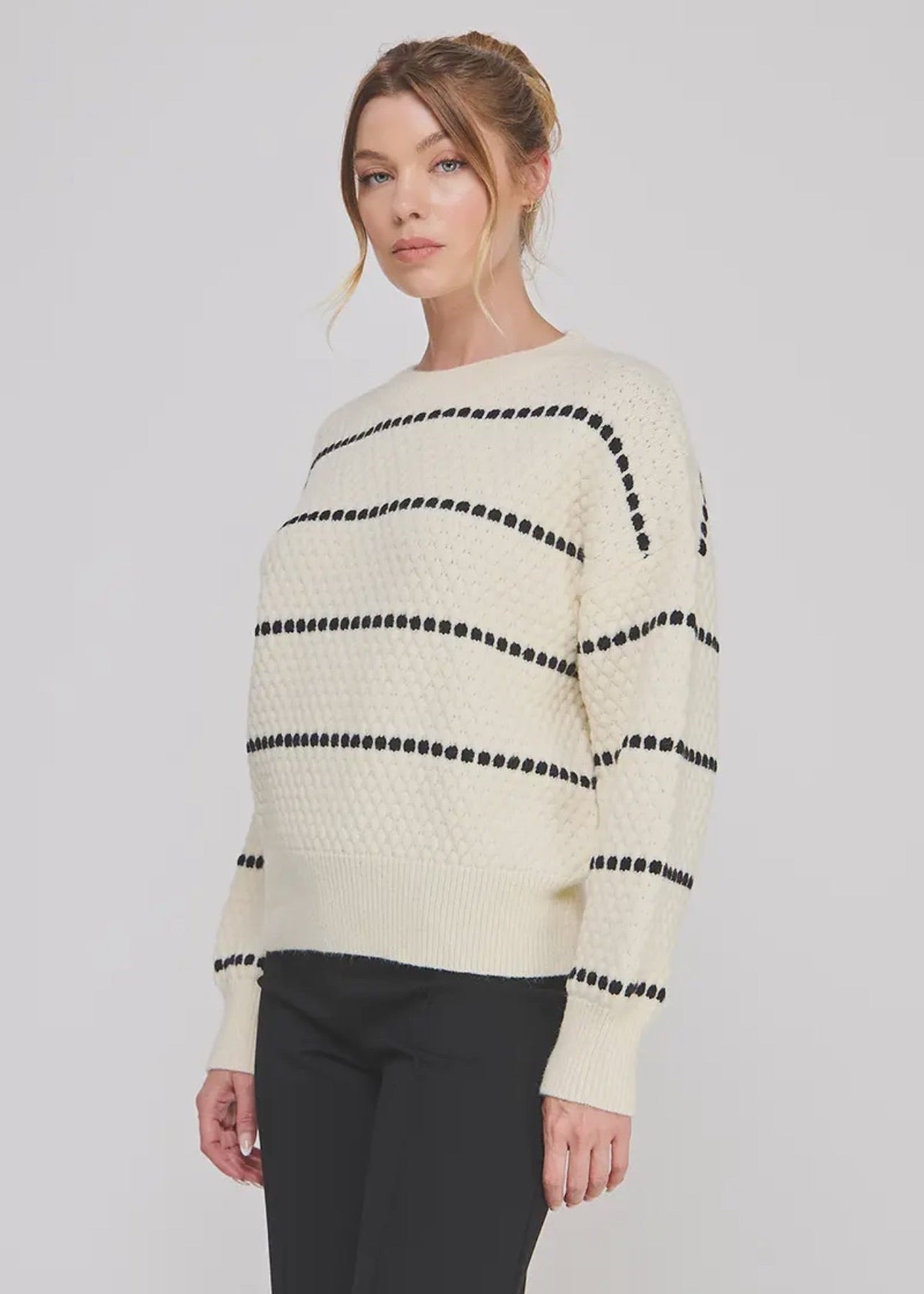 Pebble Textured Sweater w/ Accent Stripe - Cream