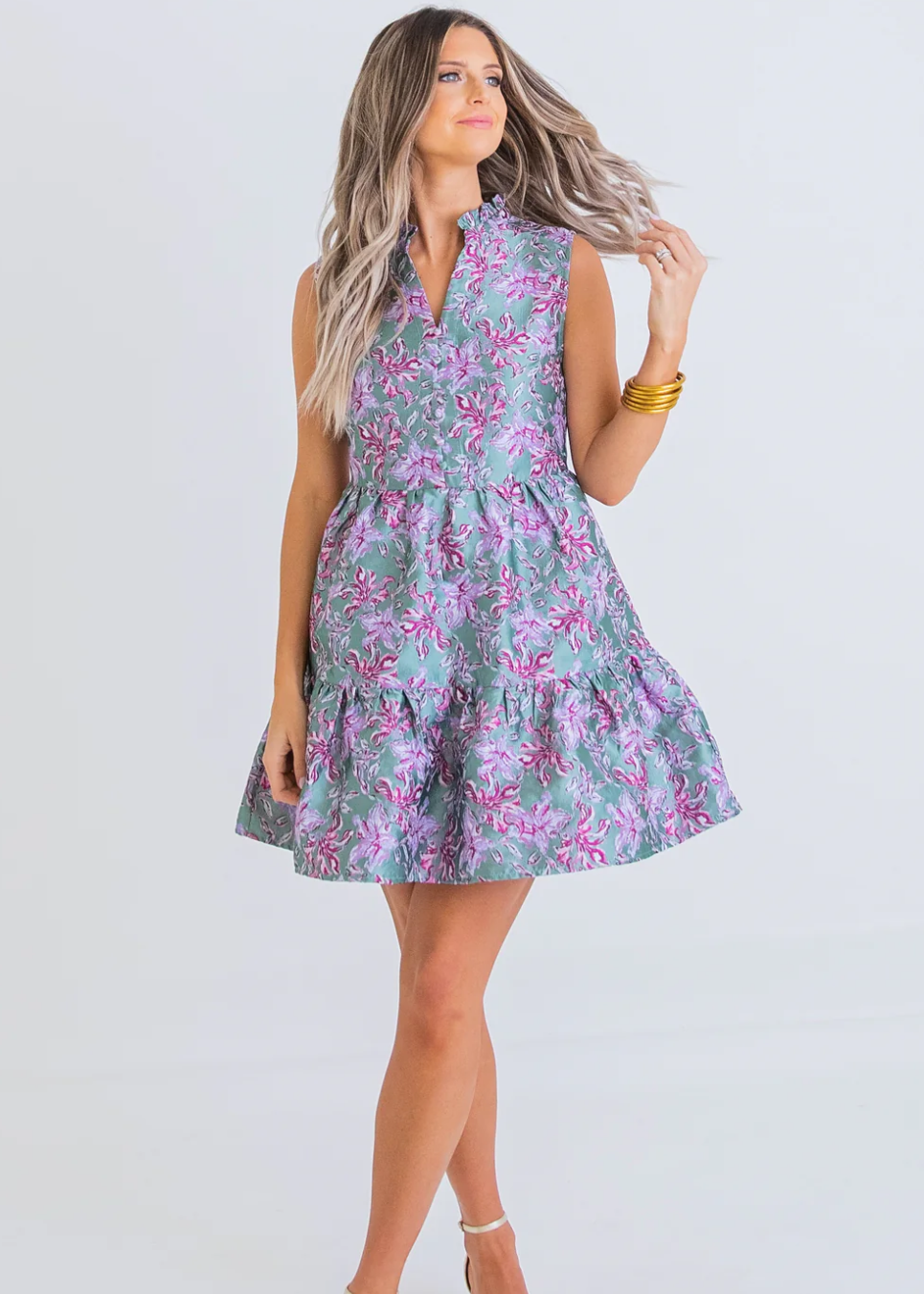 Floral Tier Tapestry Dress- Green