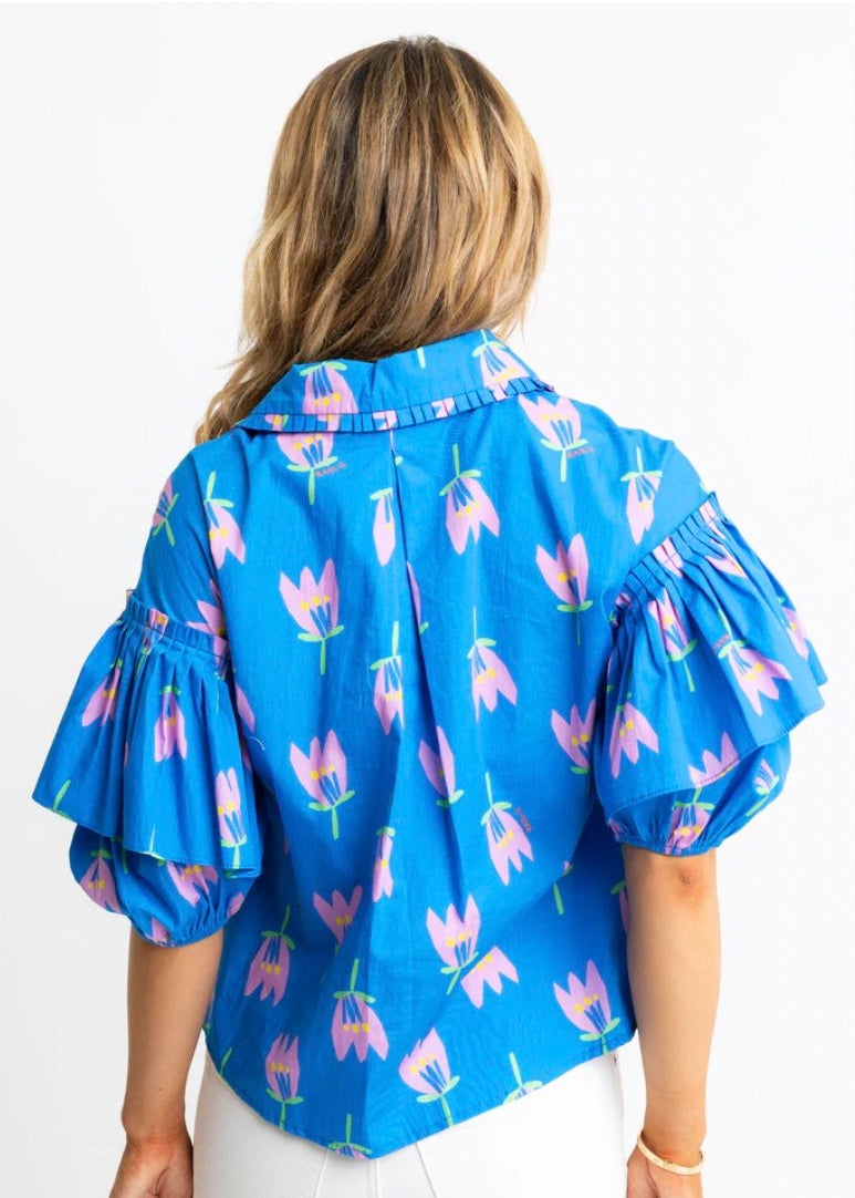 Poppy Ruffle Sleeve Top-Blue|43