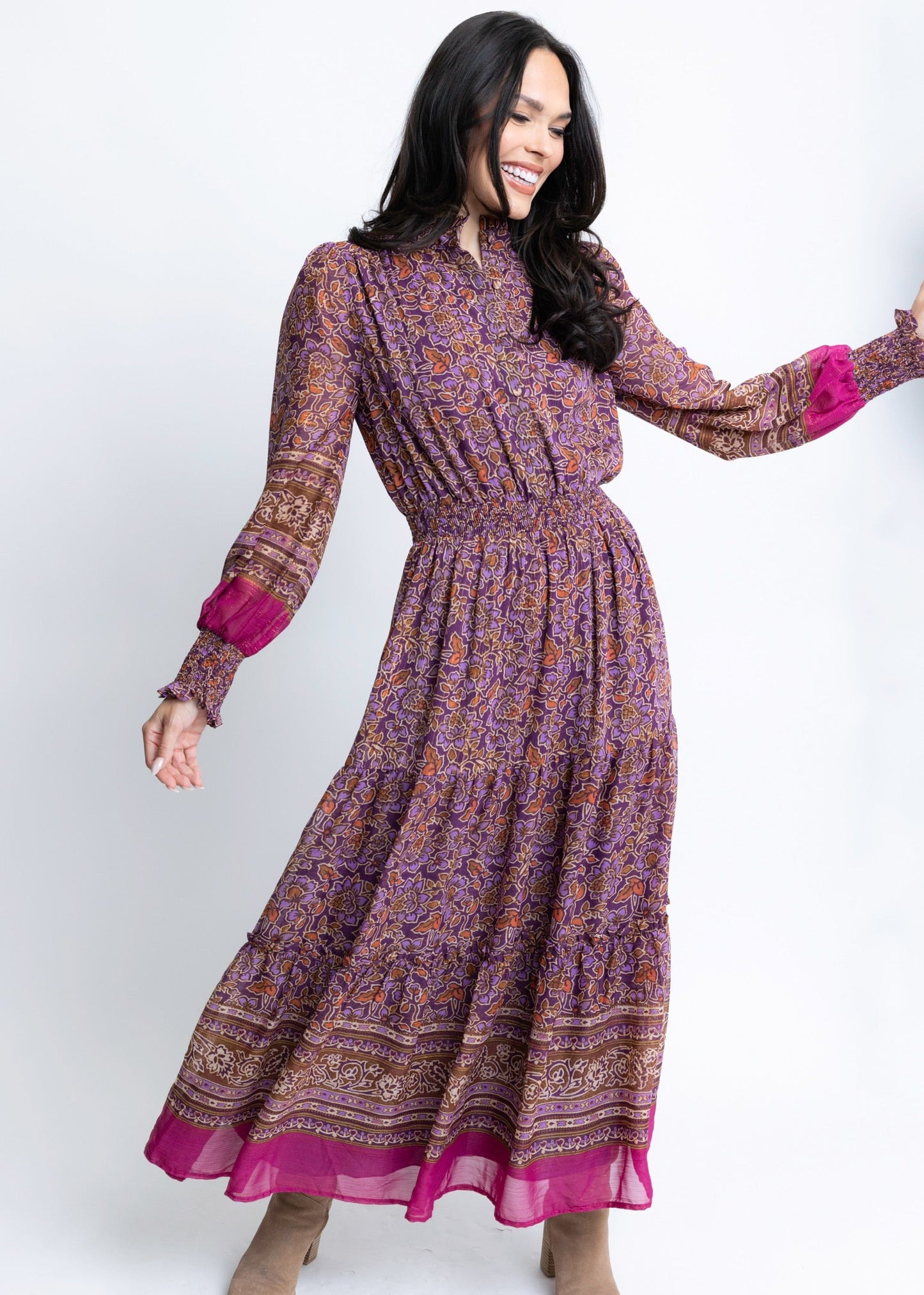 Floral Chiffon Metallic Thread Maxi Dress