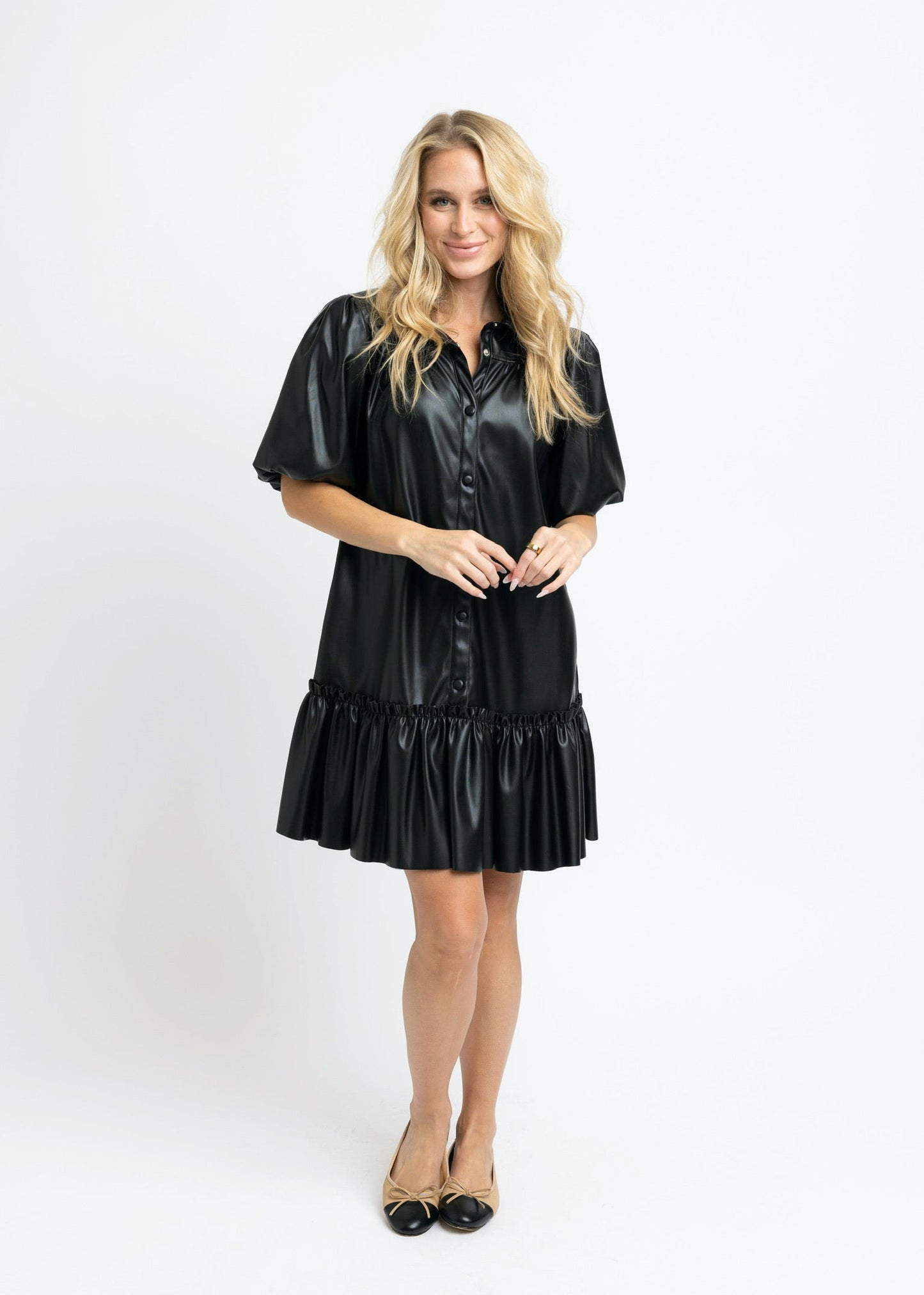 Solid Pleather Puff Sleeve Dress- Black