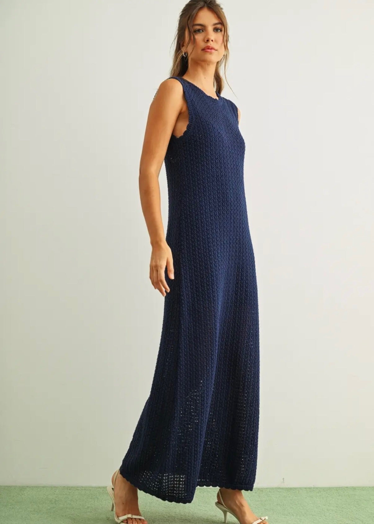 Tied Back Knitted Long Dress- Navy