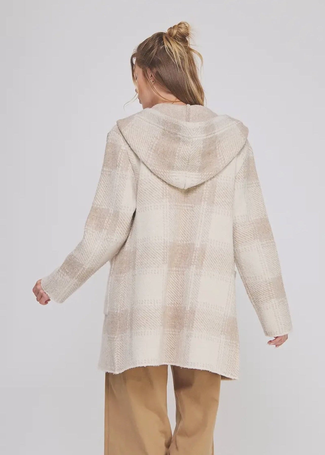 Plaid Hoodie Cardigan w/pockets- Sand