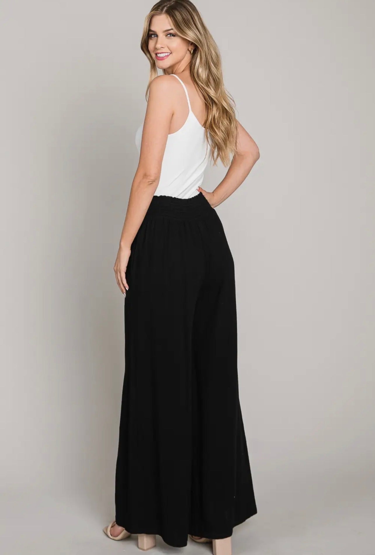 Linen Smocked Waist Wide Leg Pant-Black