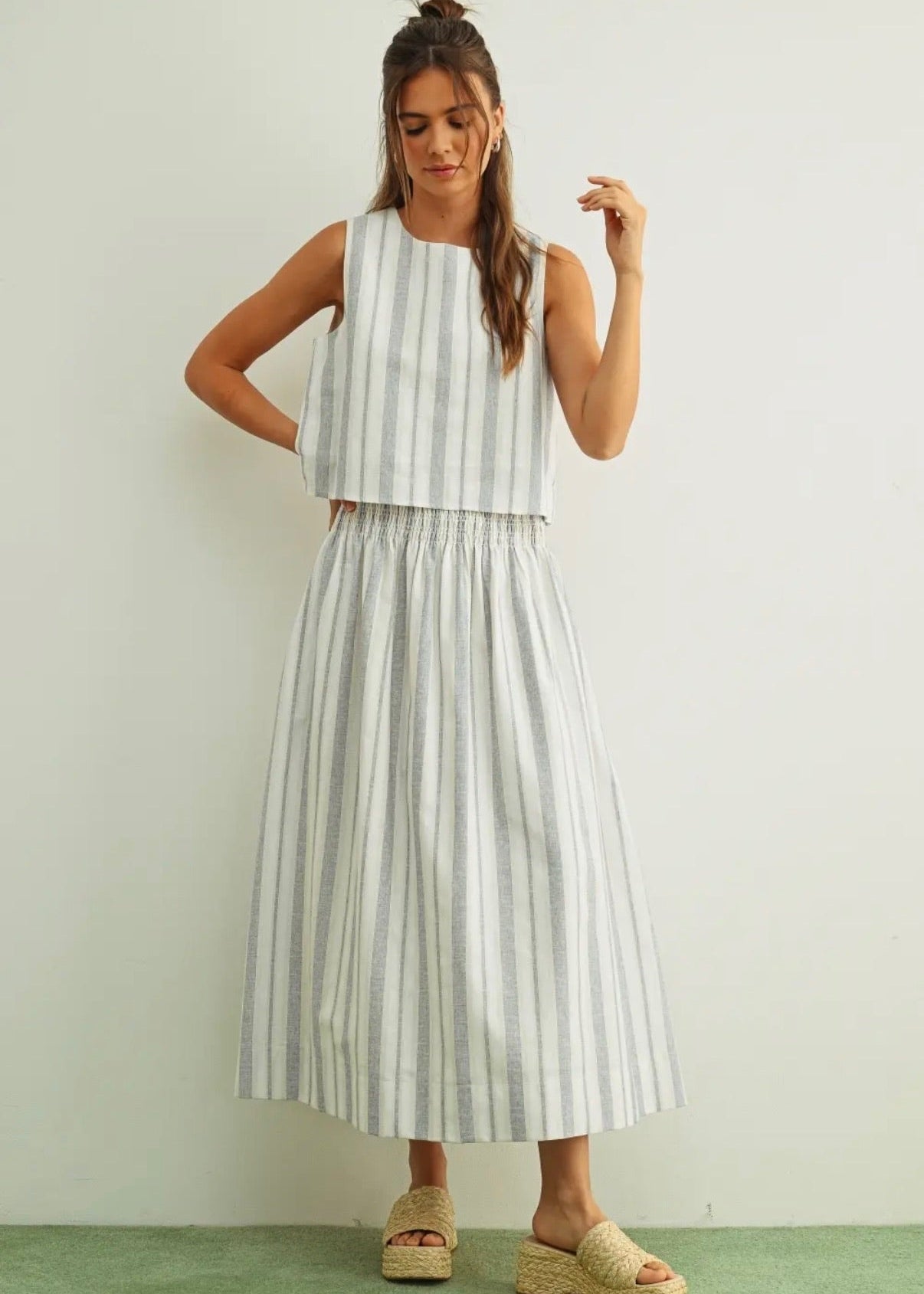 Striped Smock Waist Long Skirt