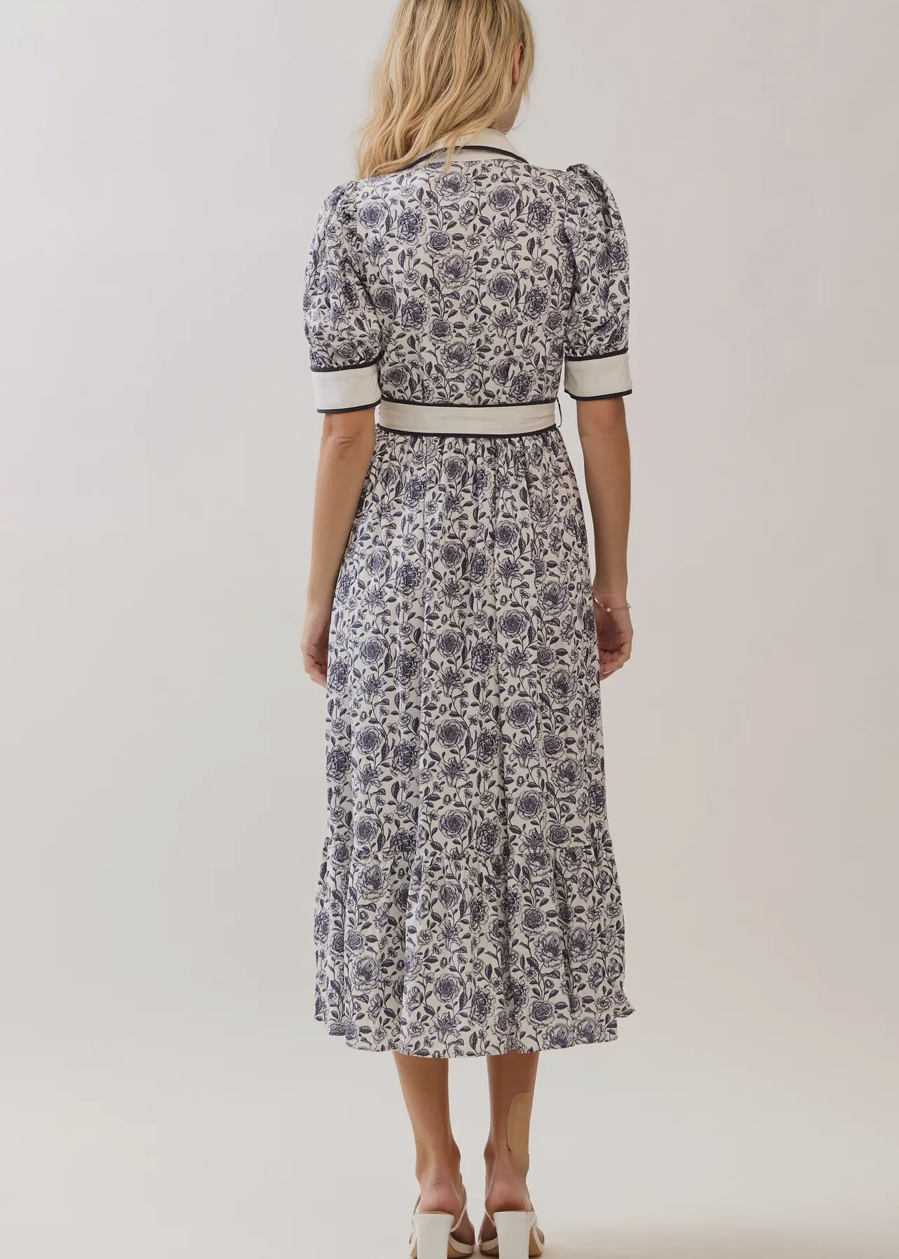 Navy Print Contrast Button-Down Dress