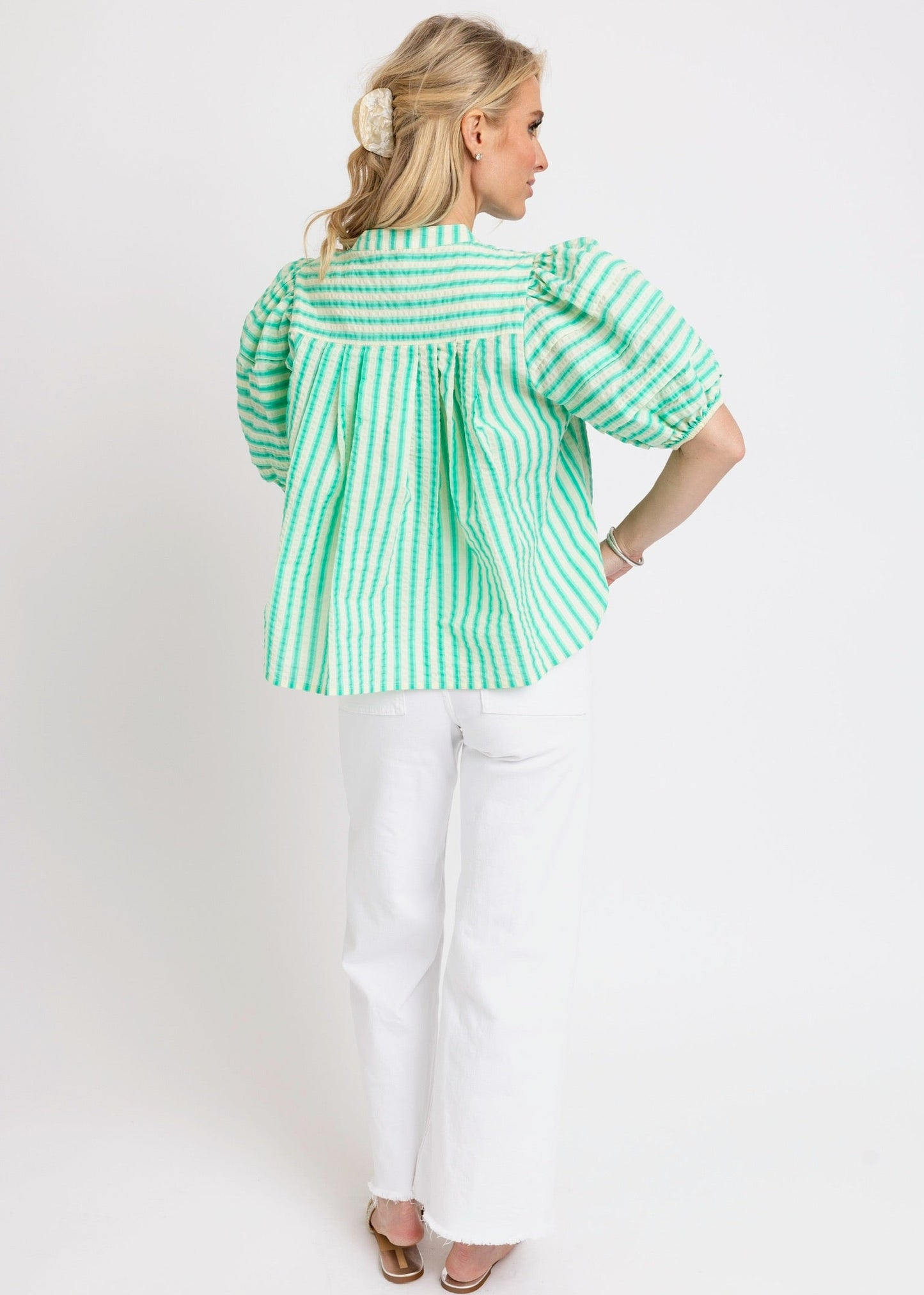 Seersucker Stripe Pleat Sleeve Top