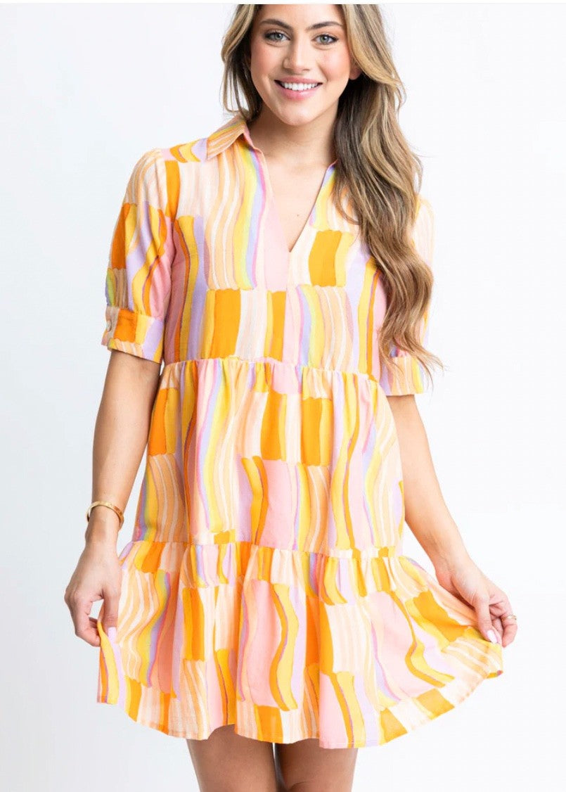 Multi Stripe Vneck Collar Dress|54