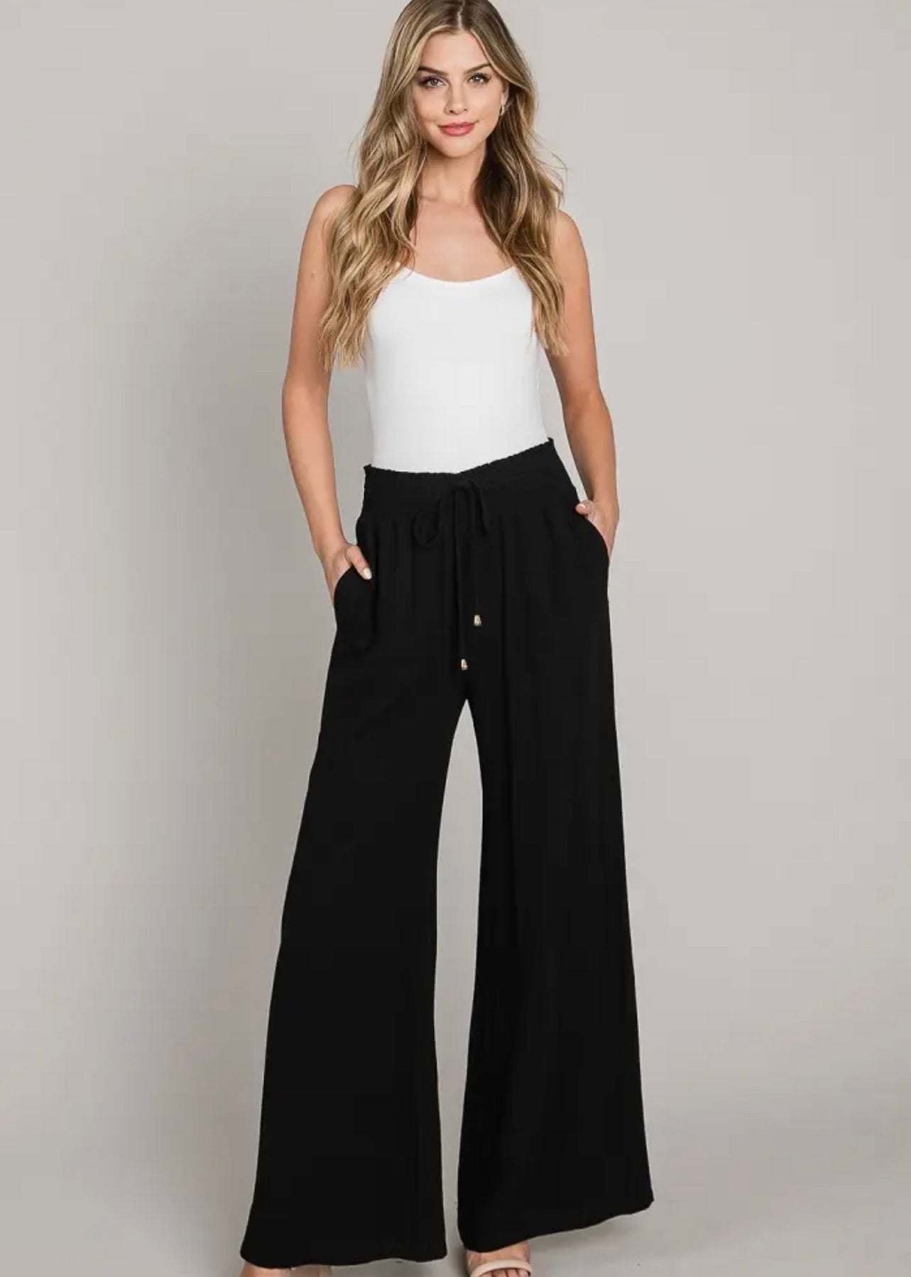 Linen Smocked Waist Wide Leg Pant-Black