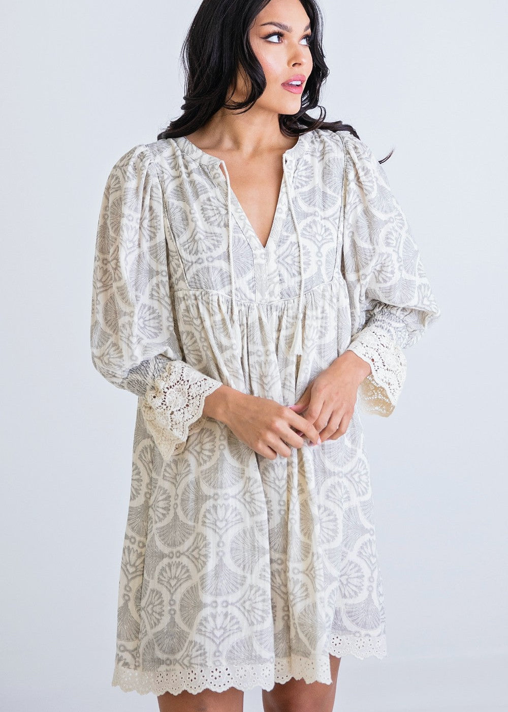 Vintage Boho Crochet Trim Dress- Grey|197
