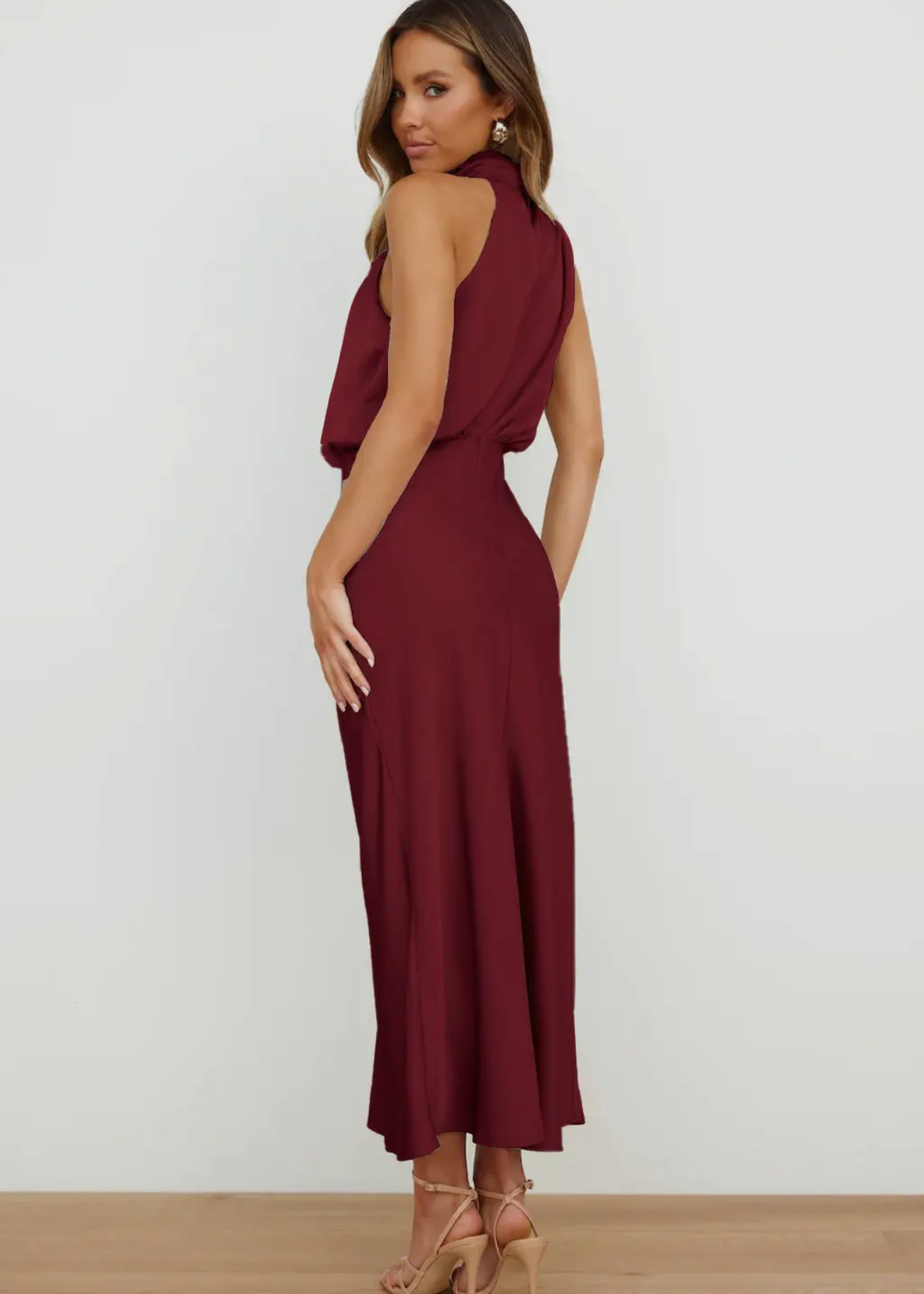 Sleeveless Satin Midi Dress - Burgundy