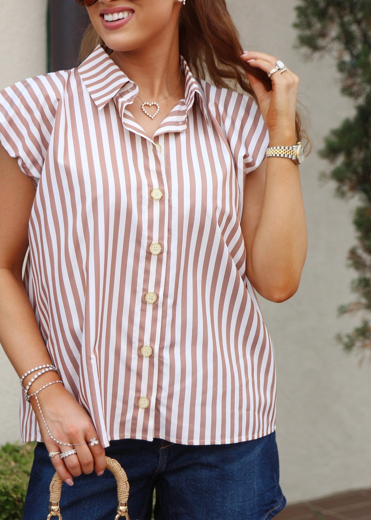 Stripe Bubble Button Up Top