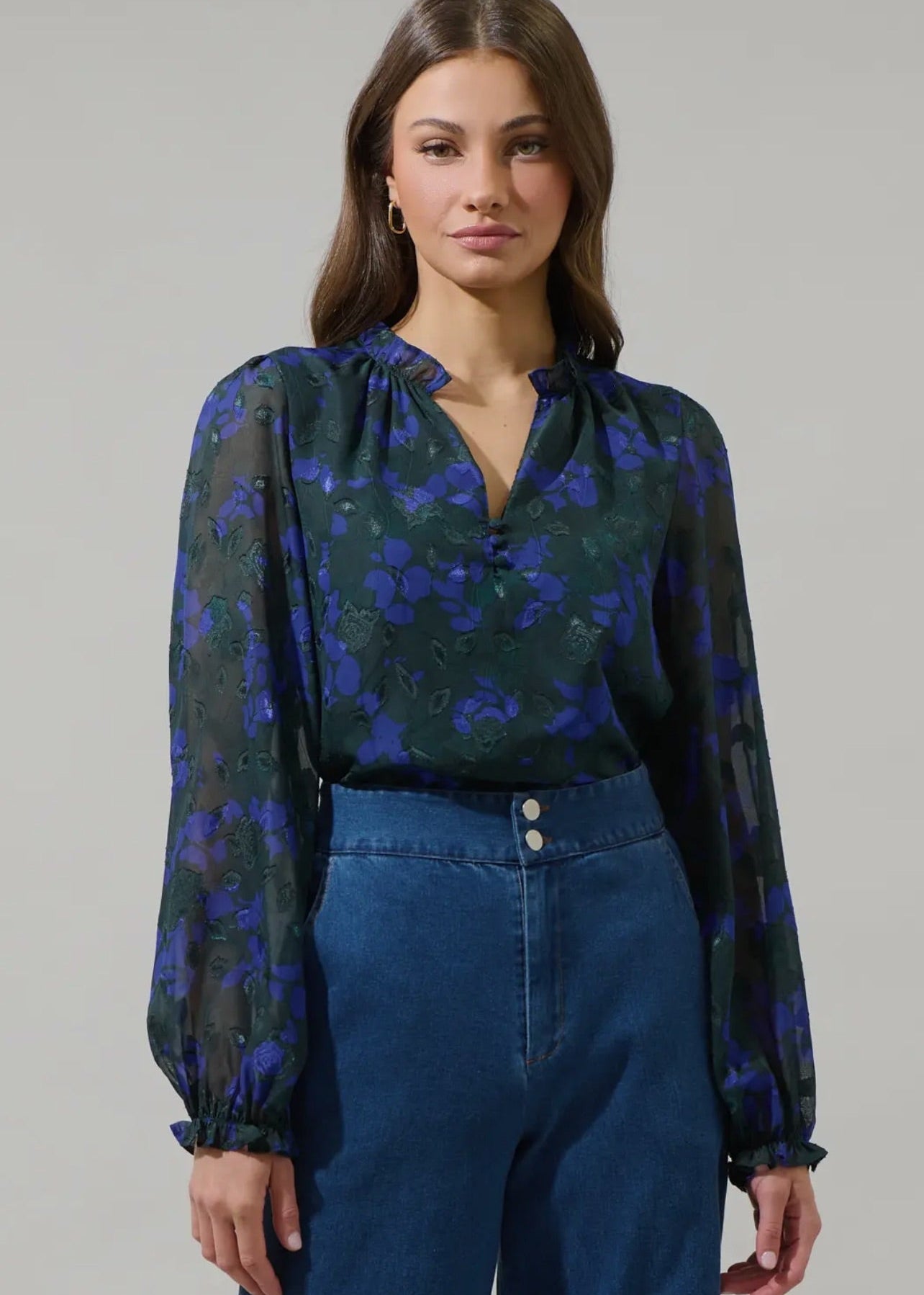 Floral Organza Long Sleeve Top-Emerald-Blue