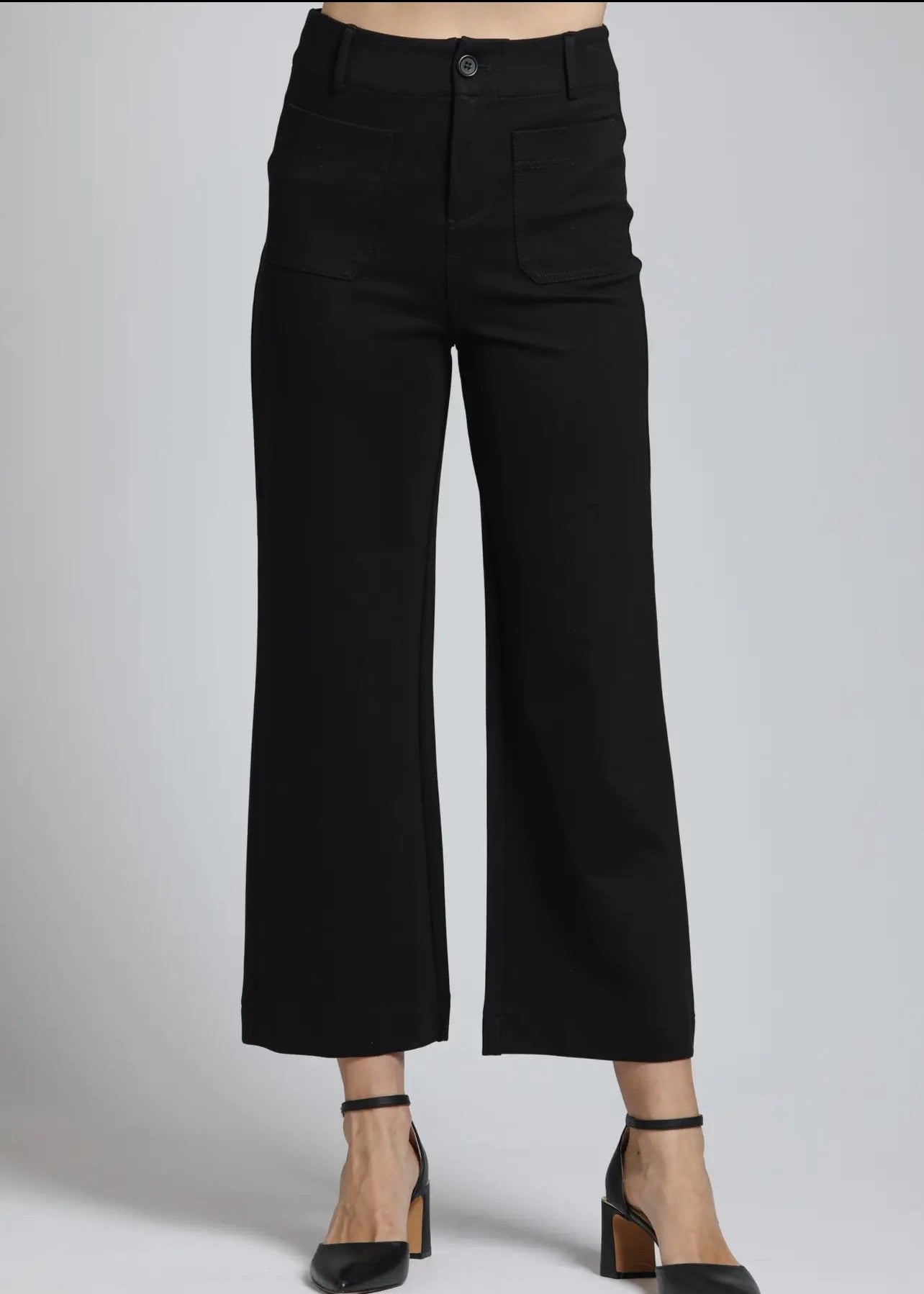 Ponte Crop Wide Leg Pant w/ Patch Pocket-Black