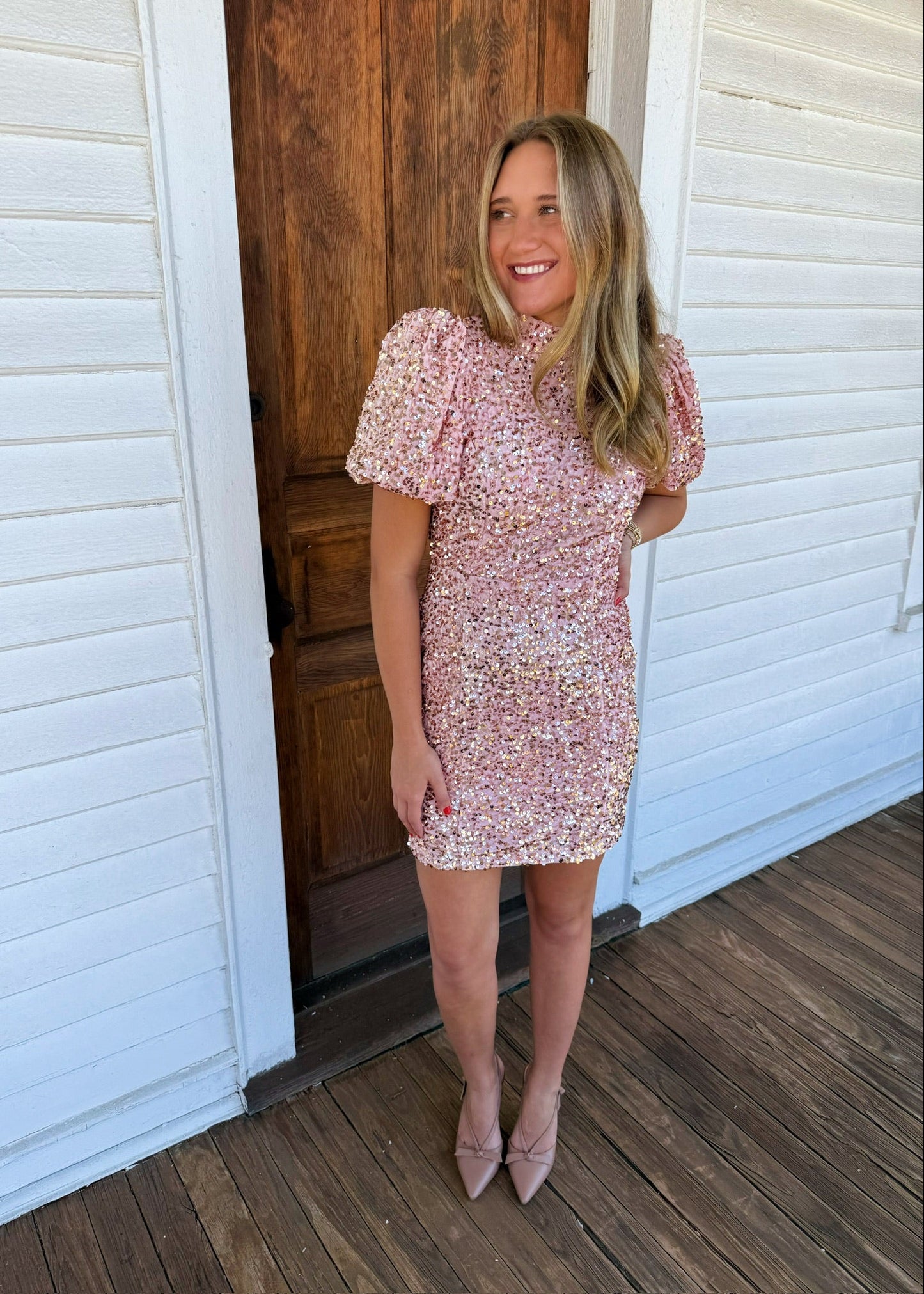 Sequin Puff Sleeve Dress- Rose