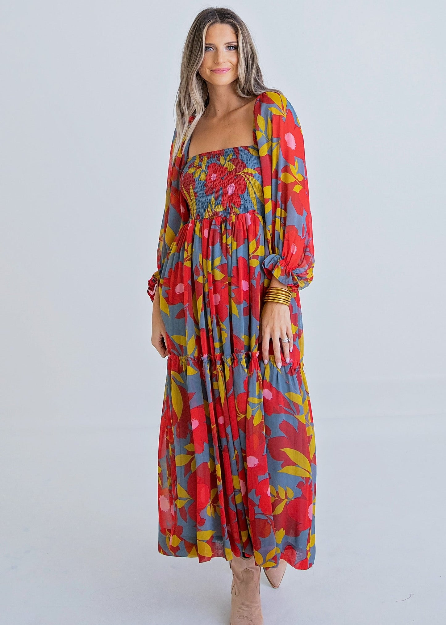 Floral Chiffon Smock Tier Maxi-Blue