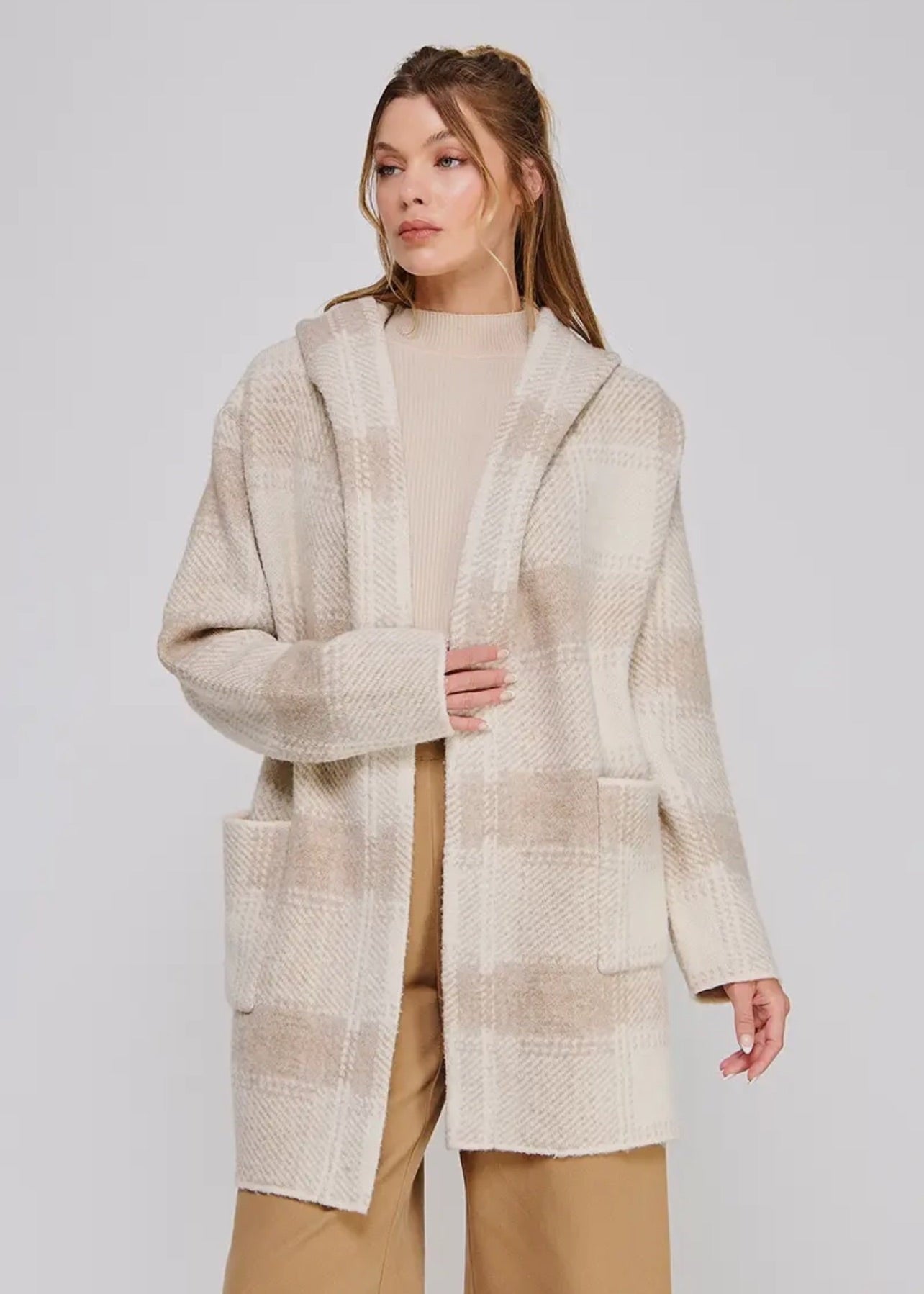 Plaid Hoodie Cardigan w/pockets- Sand