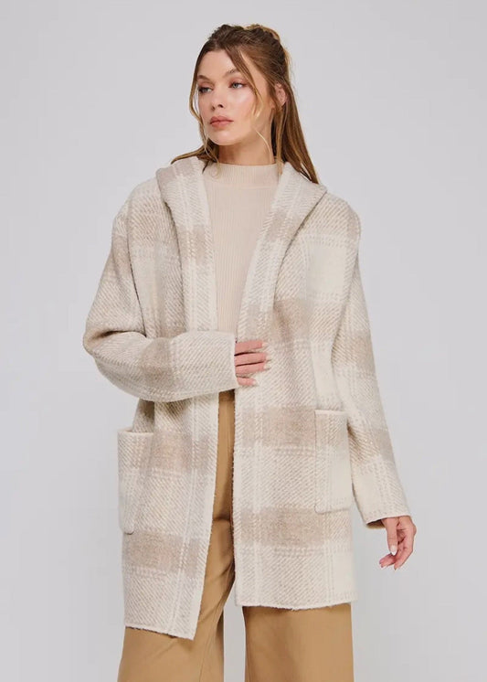 Plaid Hoodie Cardigan w/pockets- Sand