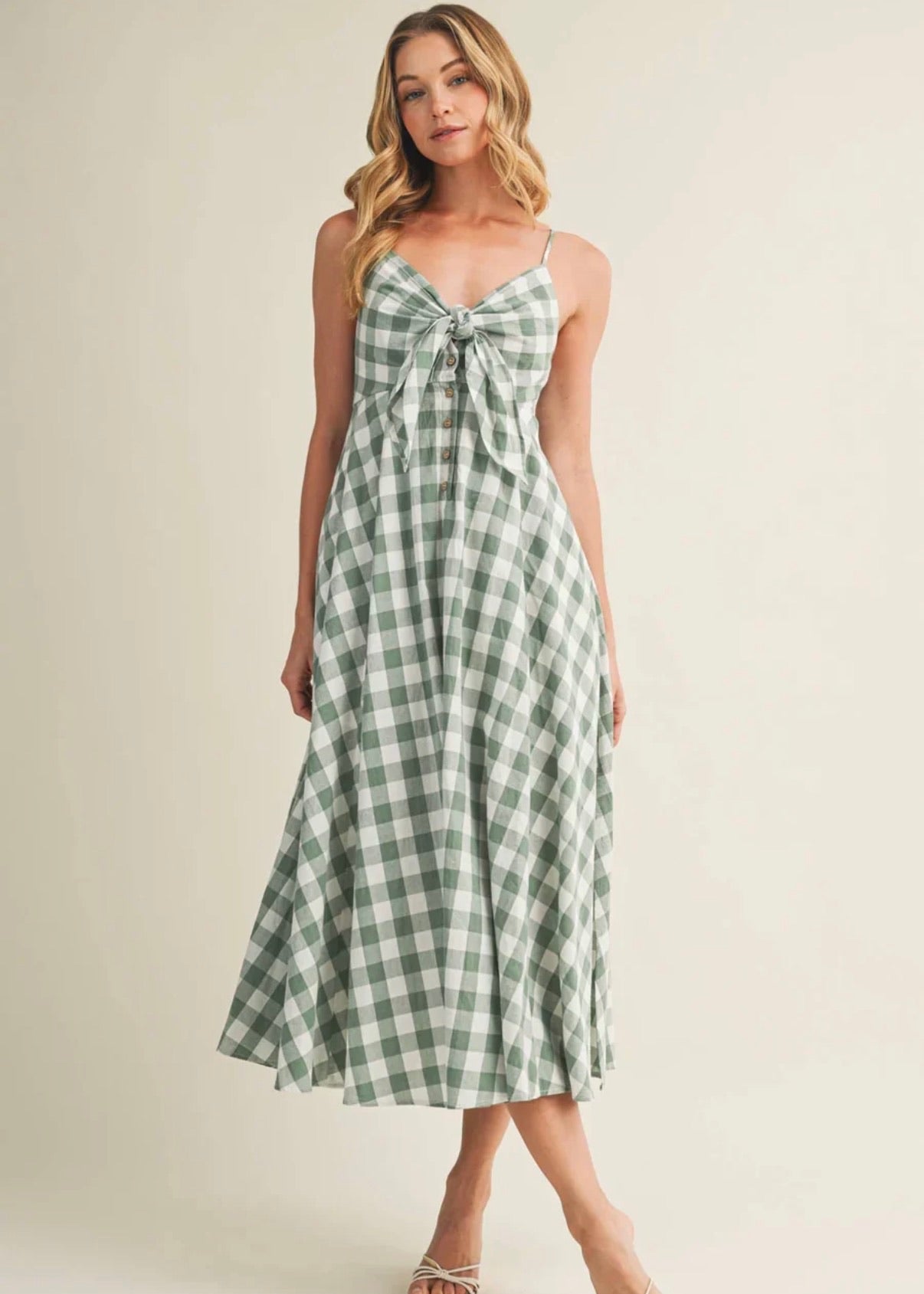 Gingham Tie-Front Midi Dress - Basil