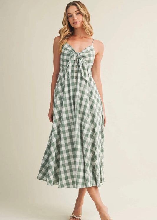 Gingham Tie-Front Midi Dress - Basil
