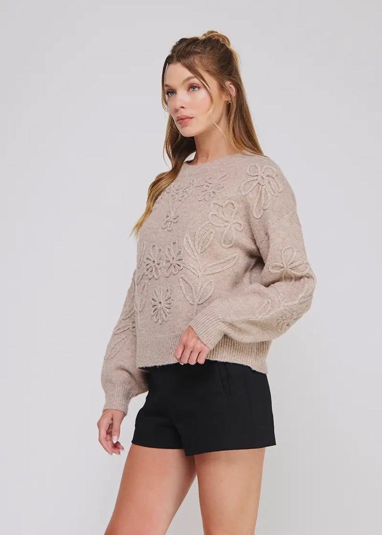 Floral Embroidery Sweater- mocha