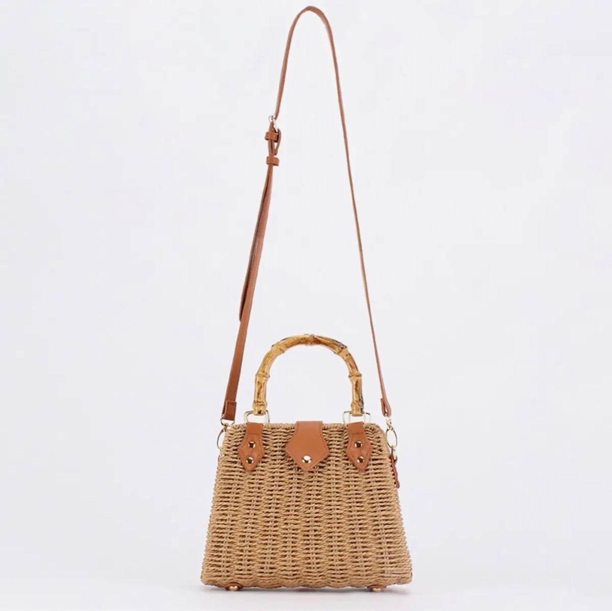 Straw Beach Bag w/ Bamboo Handle - Camel