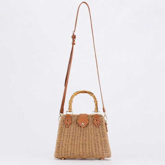 Straw Beach Bag w/ Bamboo Handle - Camel