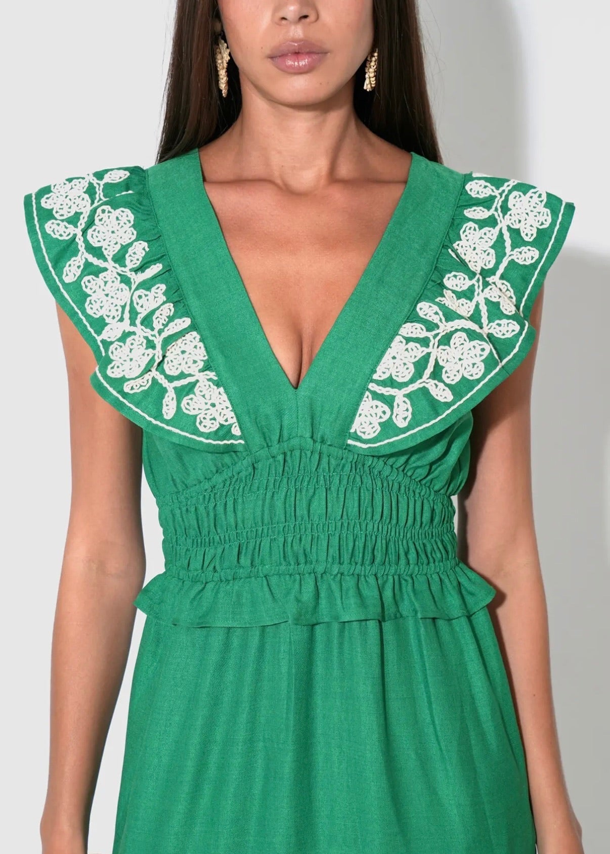 Amaya Ruffle Embroidery Midi Dress-Green