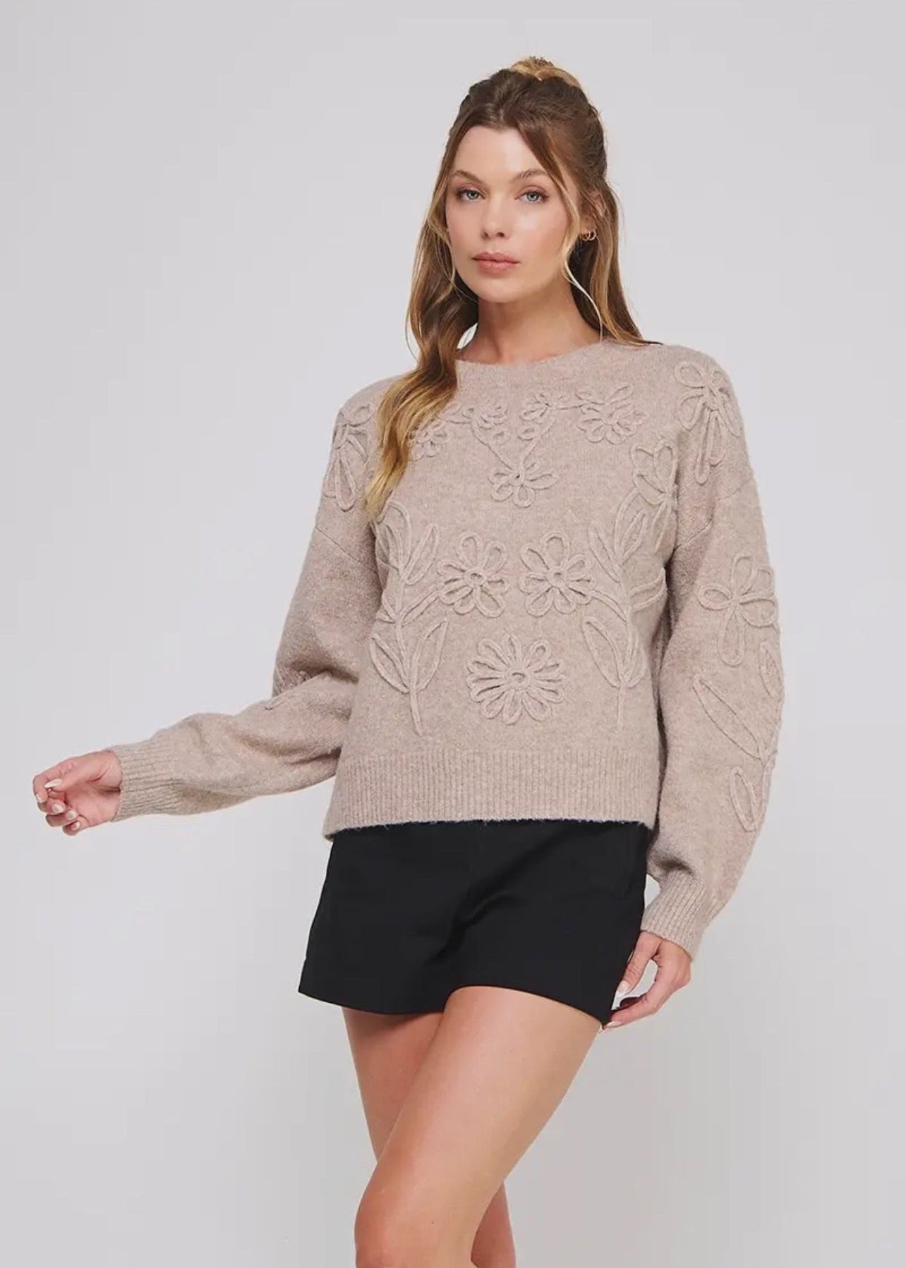 Floral Embroidery Sweater- mocha