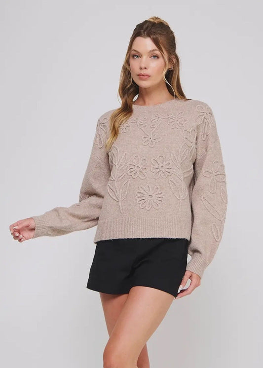 Floral Embroidery Sweater- mocha
