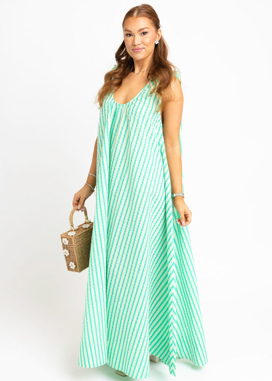 Seersucker Stripe Scoop Maxi Dress-Green