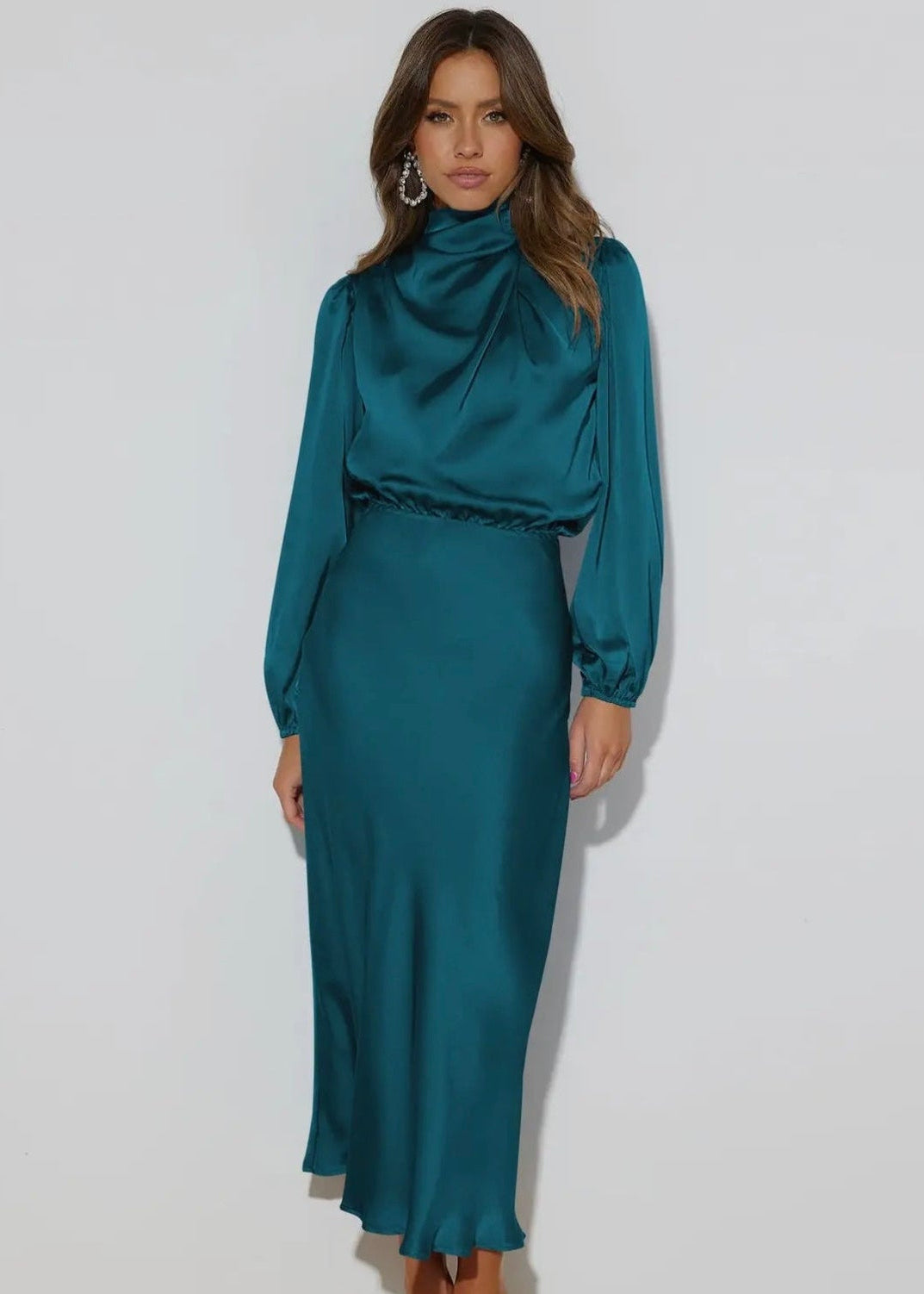 Satin Long Sleeve Dress - Lake Blue