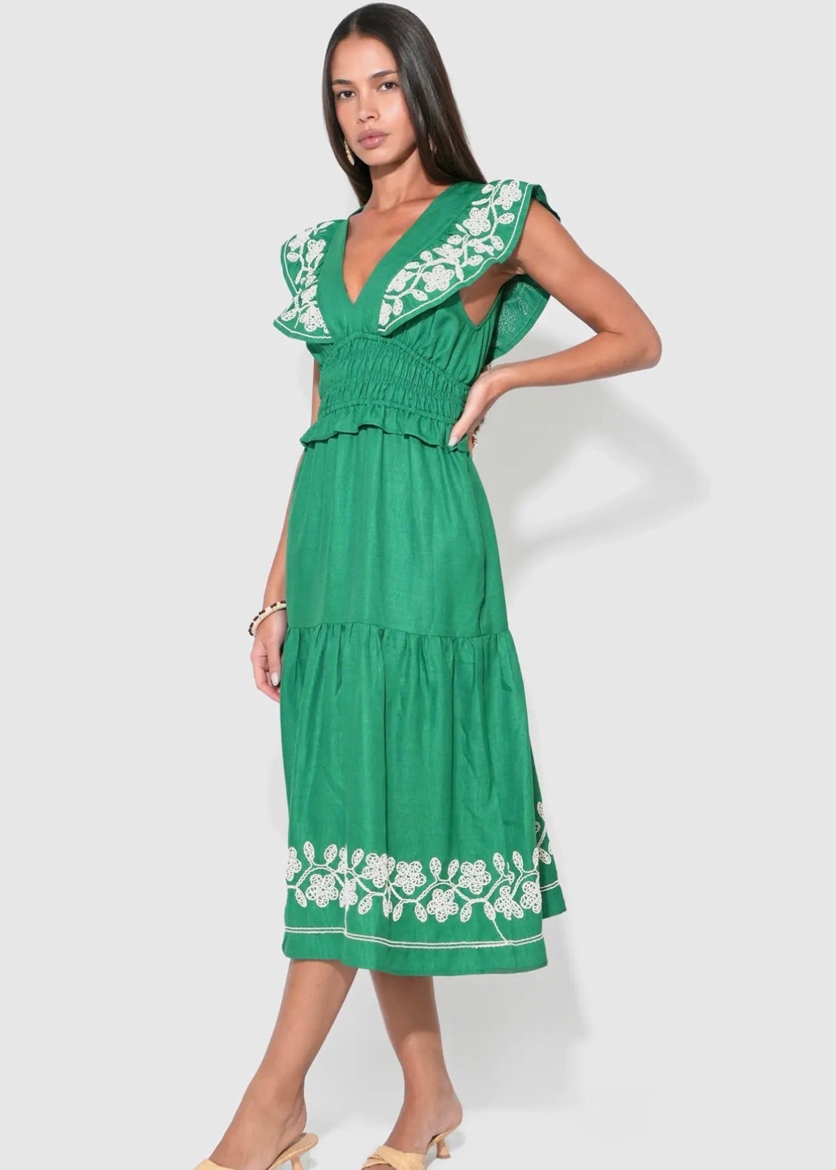 Amaya Ruffle Embroidery Midi Dress-Green