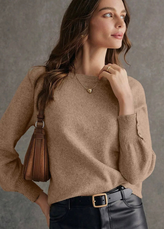 Camel Button Sleeve Crewneck