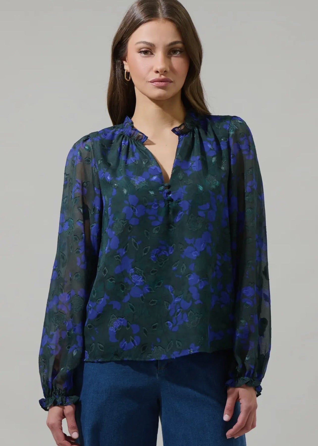 Floral Organza Long Sleeve Top-Emerald-Blue