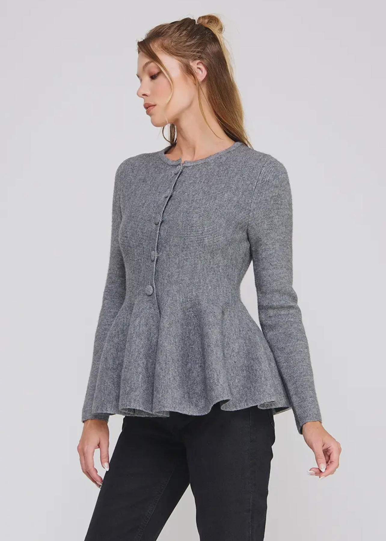 Peplum Cardigan Sweater- Heather Gray