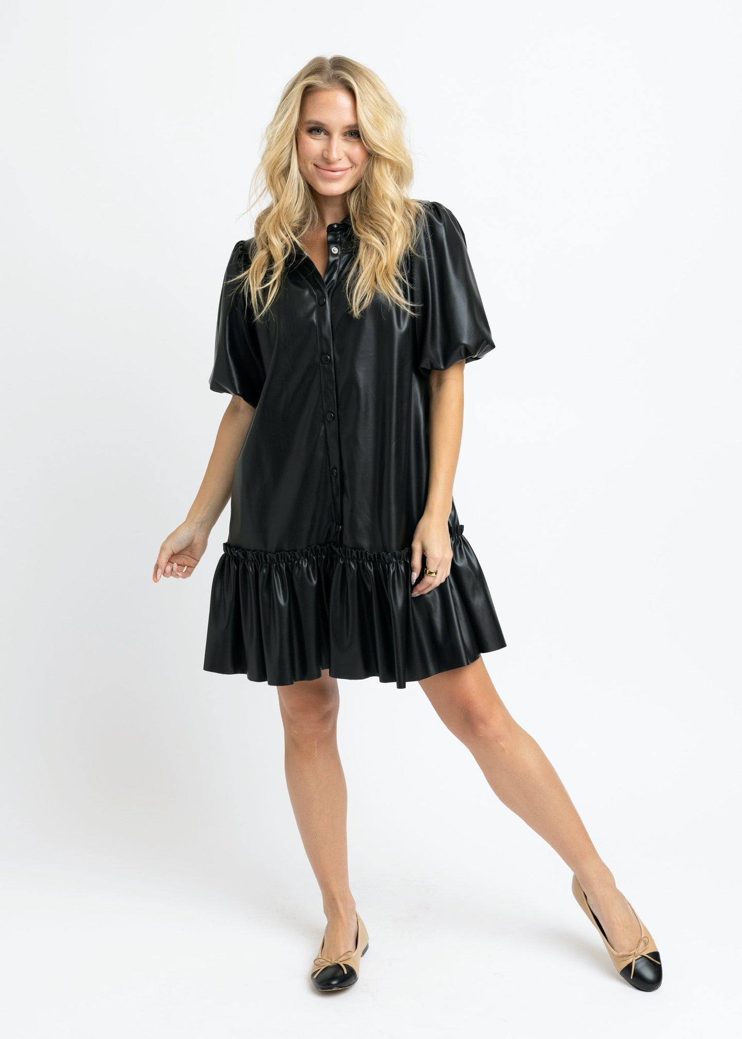 Solid Pleather Puff Sleeve Dress- Black