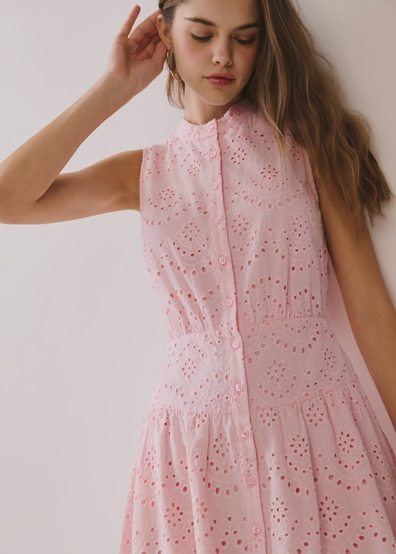 Pink Lace Button Front Sleeveless Dress