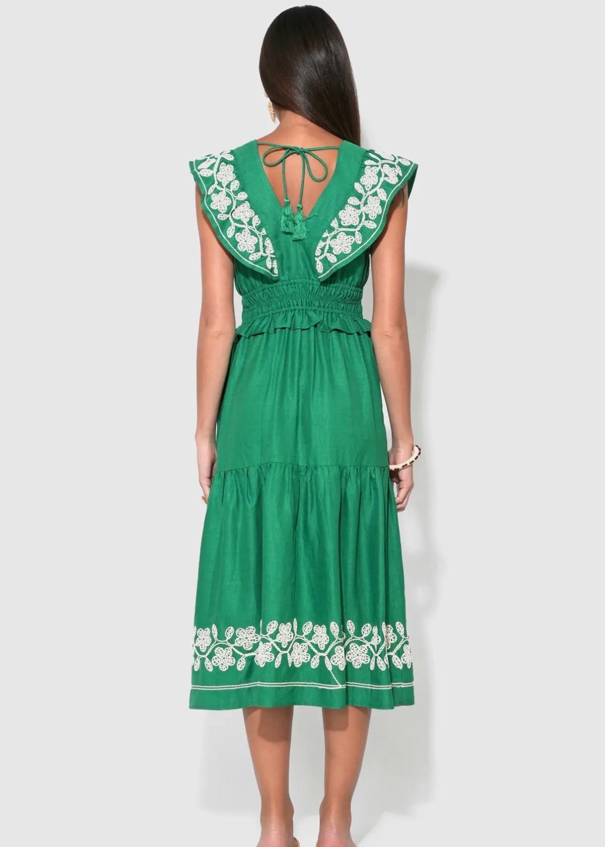 Amaya Ruffle Embroidery Midi Dress-Green