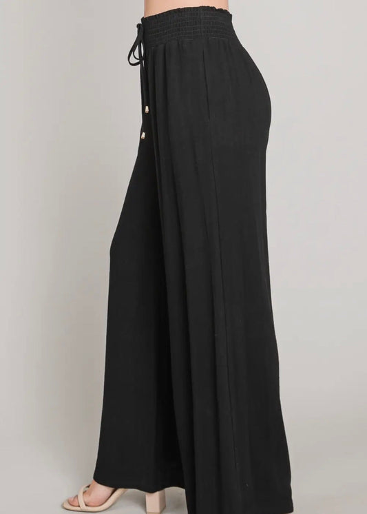 Linen Smocked Waist Wide Leg Pant-Black