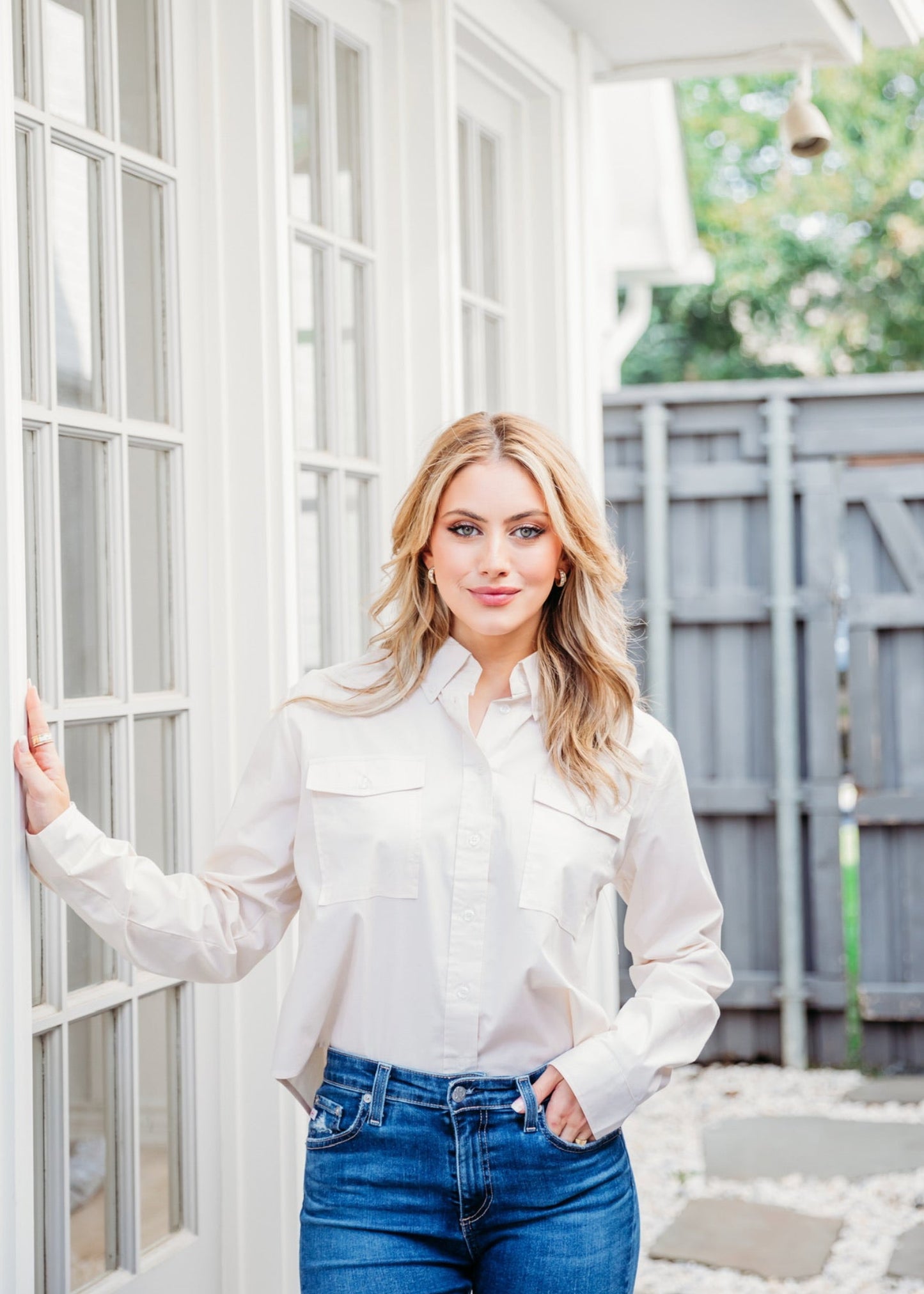 Solid Poplin Pocket Shirt-Ivory