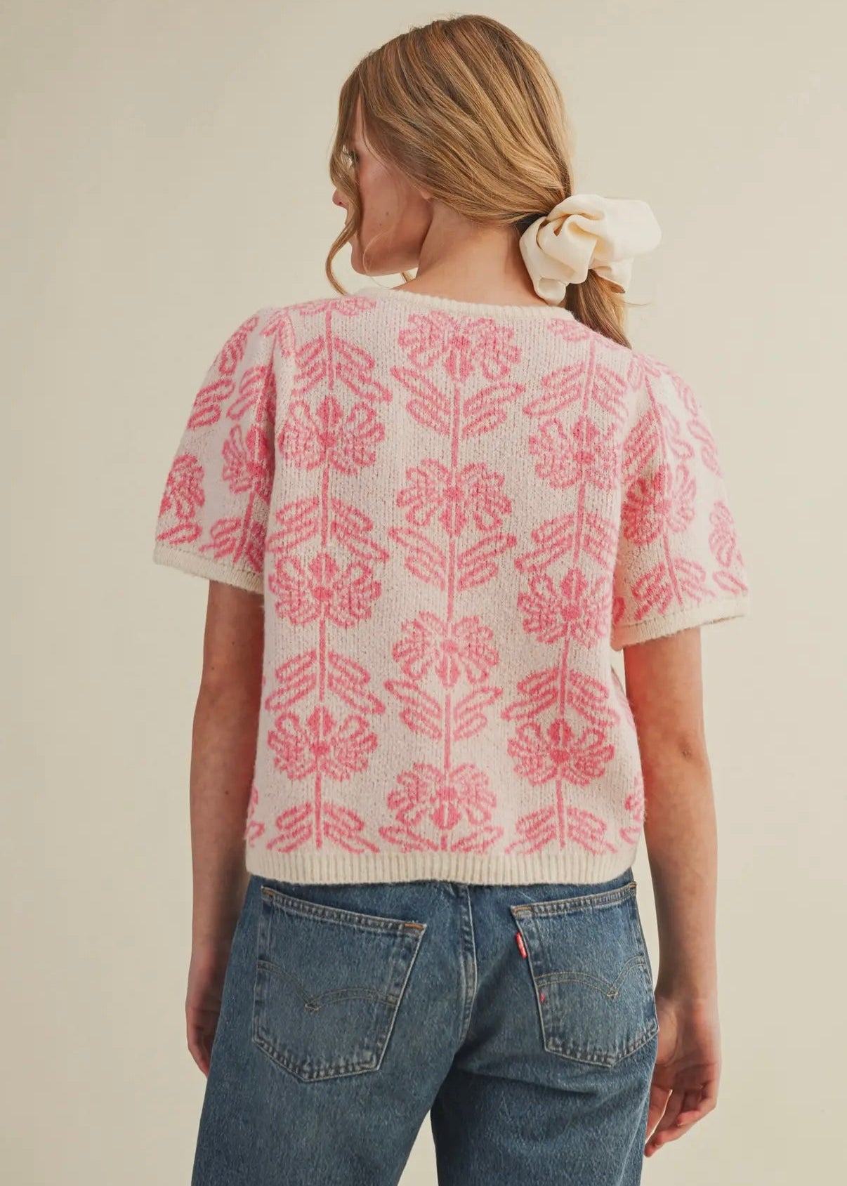 Floral Short Sleeve Cardigan - Pink