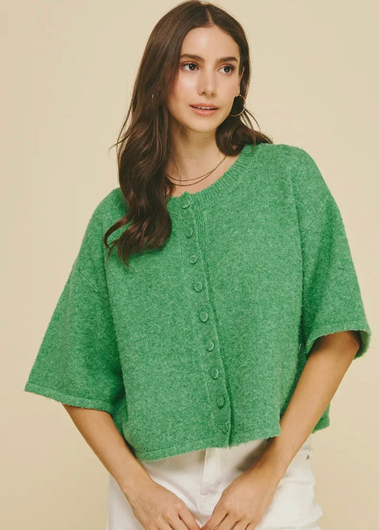 Button Down Short Sleeve Sweater - Green