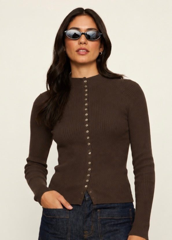 High Neck Ribbed Cardigan - Espresso