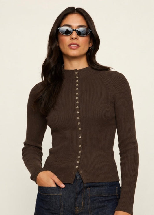 High Neck Ribbed Cardigan - Espresso