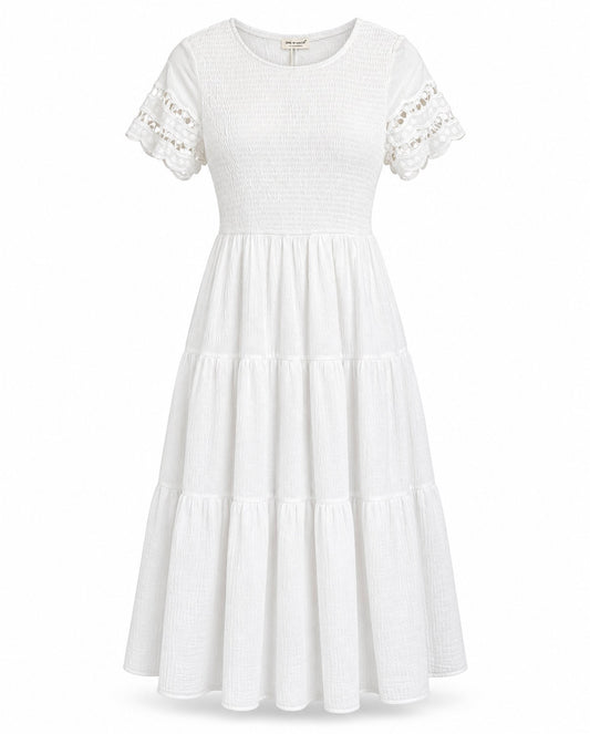 Eyelet Sleeve Tier Midi Dress: White, Large 8-10