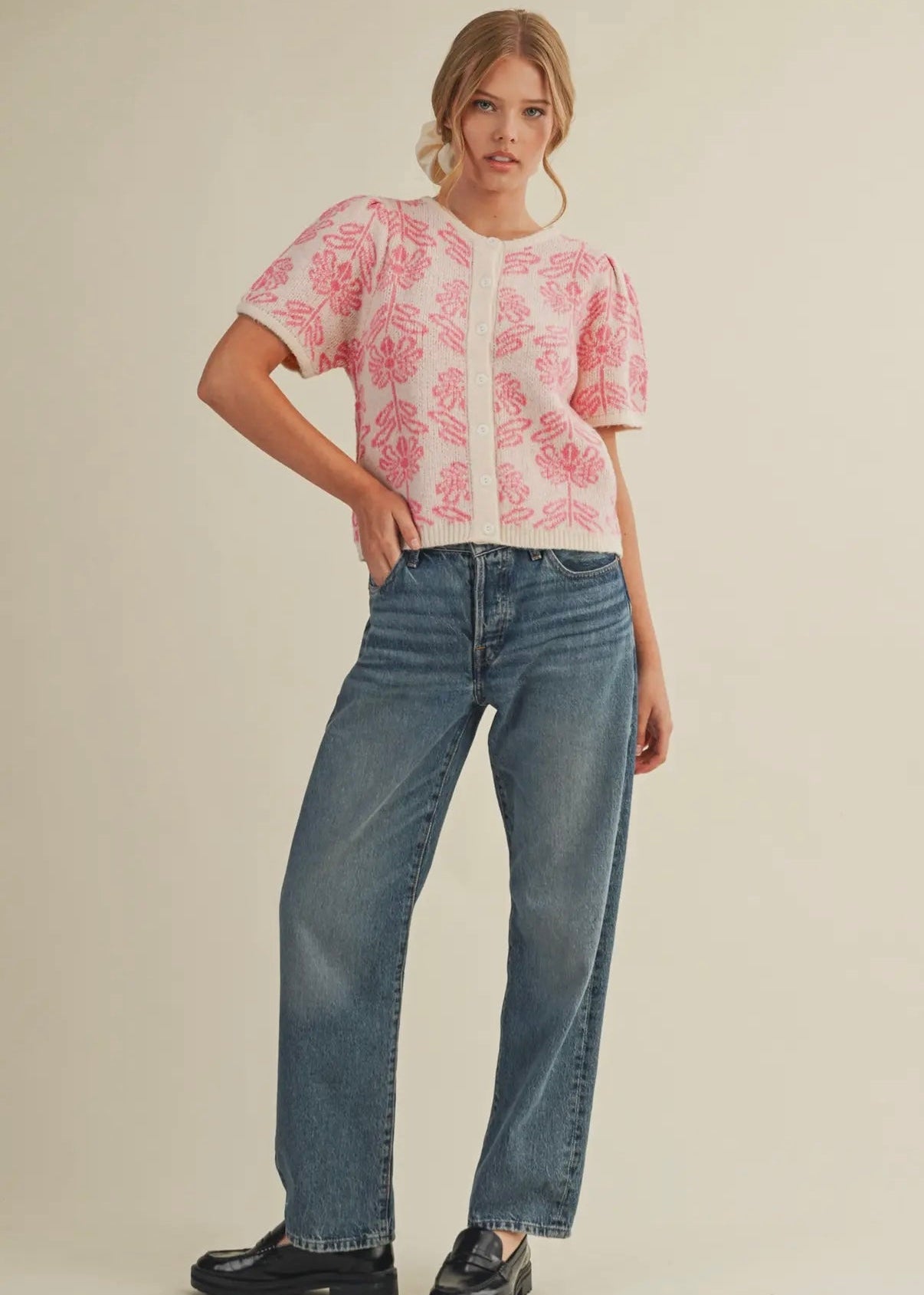 Floral Short Sleeve Cardigan - Pink