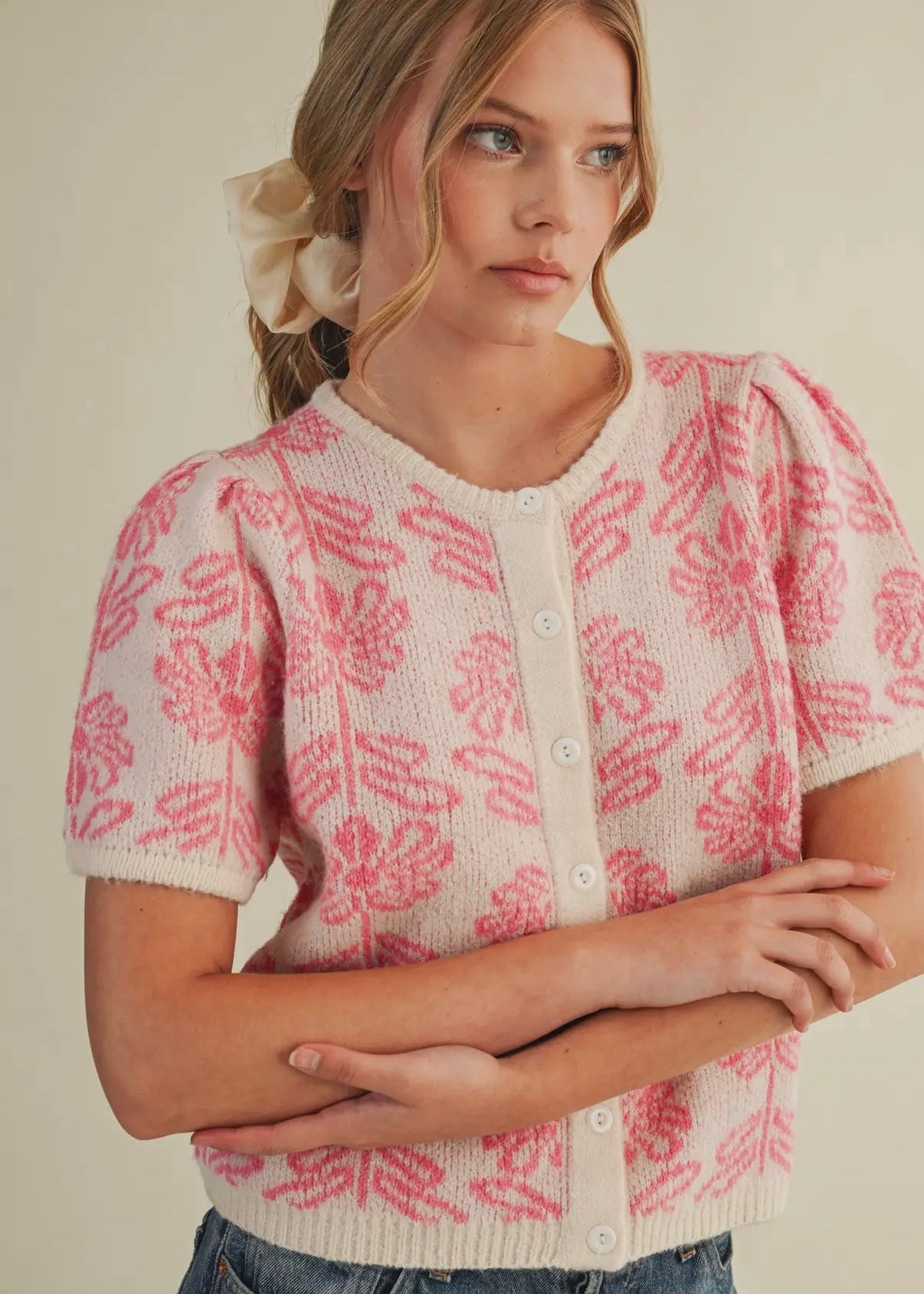 Floral Short Sleeve Cardigan - Pink