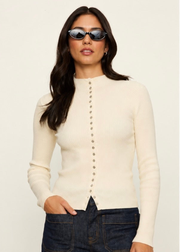 High Neck Ribbed Cardigan - Bone