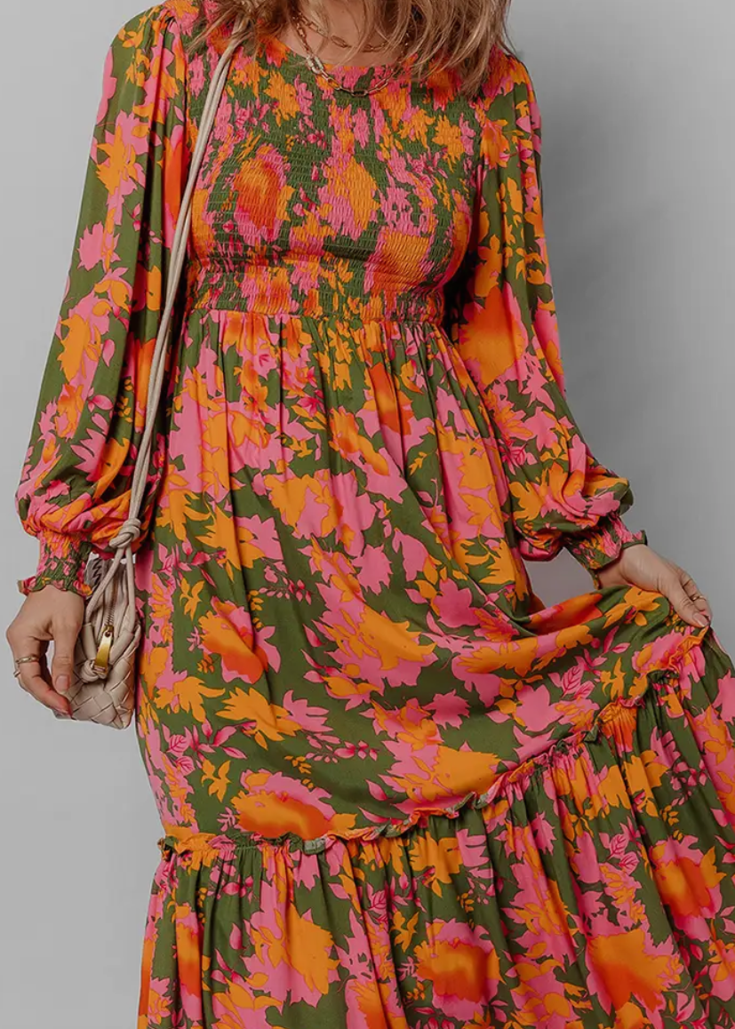Floral Smocked Puff Sleeve Ruffled Long Dress